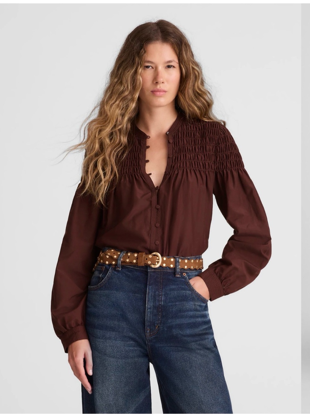Madewell smocked top in cotton silk blend
